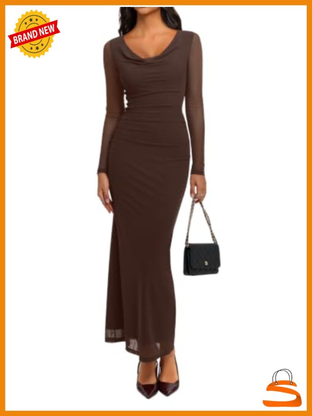 Cowl Neck Long Sleeve Mesh Maxi Dress Wedding Guest